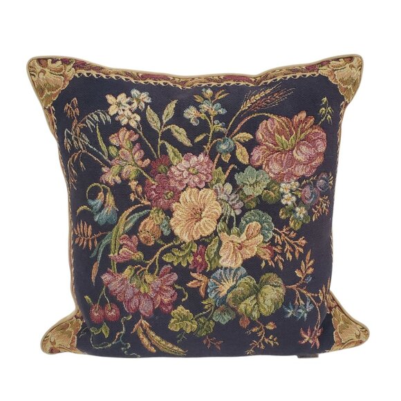 Floral Aubusson Style Tapestry Pillow Cottage Core Italy 16x16" Cotton Down Fill - Picture 1 of 10